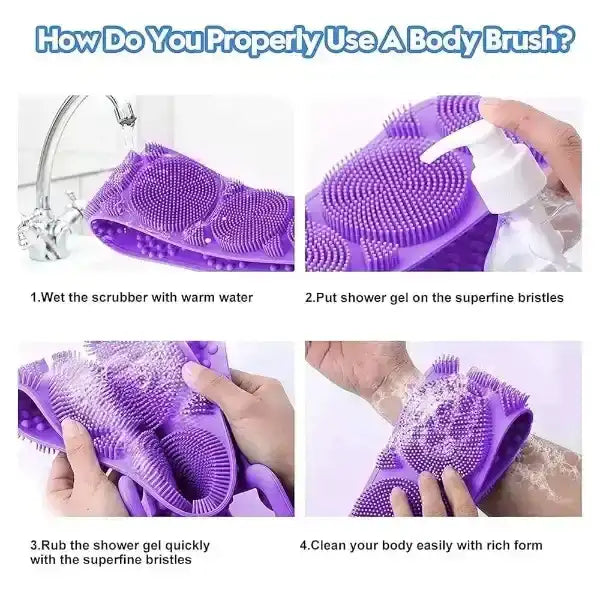 Instructions on how to use a purple body scrubber with text overlay.