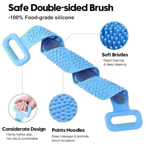 Blue double-sided brush with food-grade silicone, soft bristles, and considerate design features on a white background.