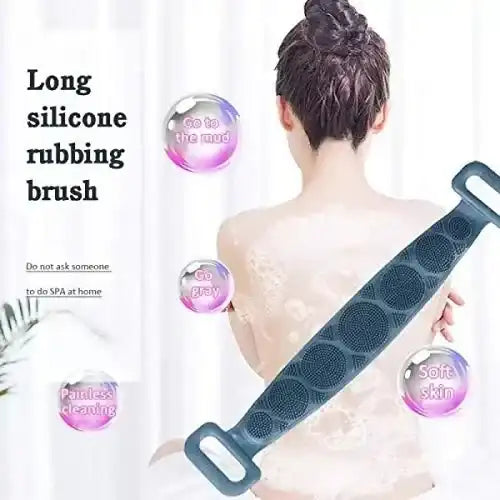 Long silicone rubbing brush with text on a white background