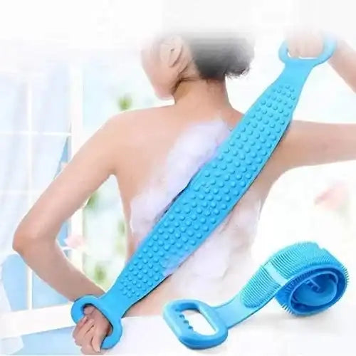 Person using a blue back scrubber with a blurred background