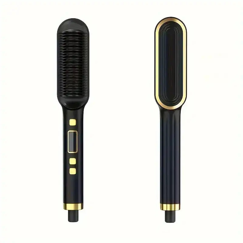 Black and gold hair straightening brush on a white background