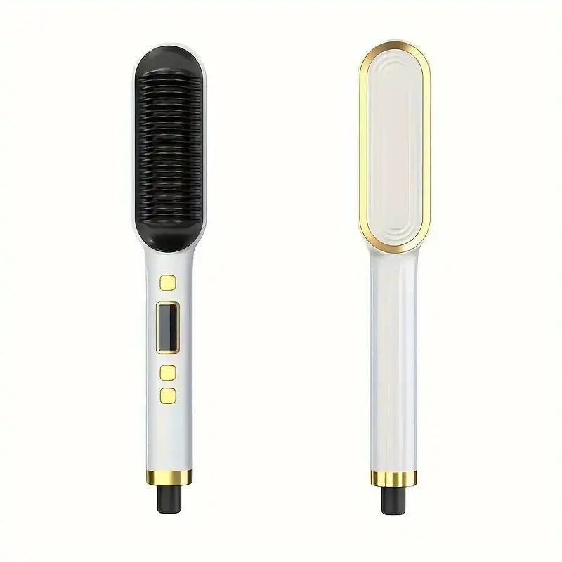 Hair straightener with black bristle brush head and white handle on a white background