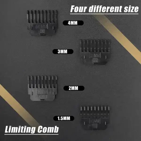 Set of four different size hair clipper combs on a gray background