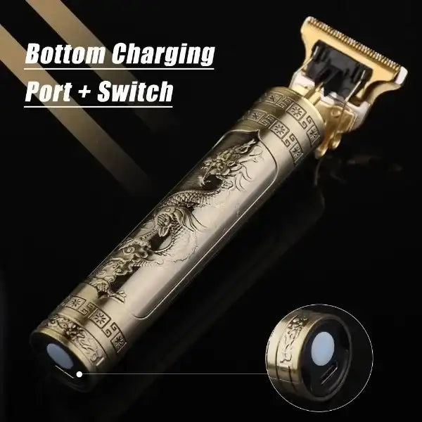 Gold and black grooming tool with dragon design on a black background