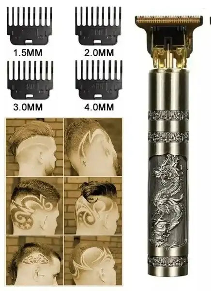 Hair trimmer with dragon design and interchangeable combs, showing hair styling results.