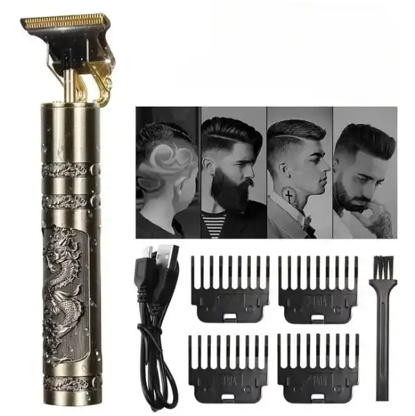 Hair trimmer with dragon design and attachments on a white background