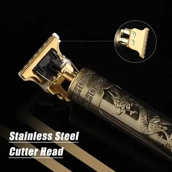 Hair clipper with engraved handle and stainless steel cutter head on a black background