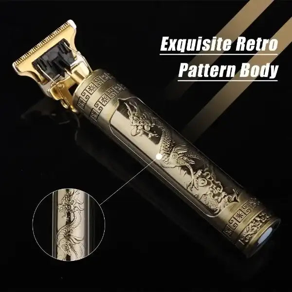 Gold and black lighter with intricate design on a dark background