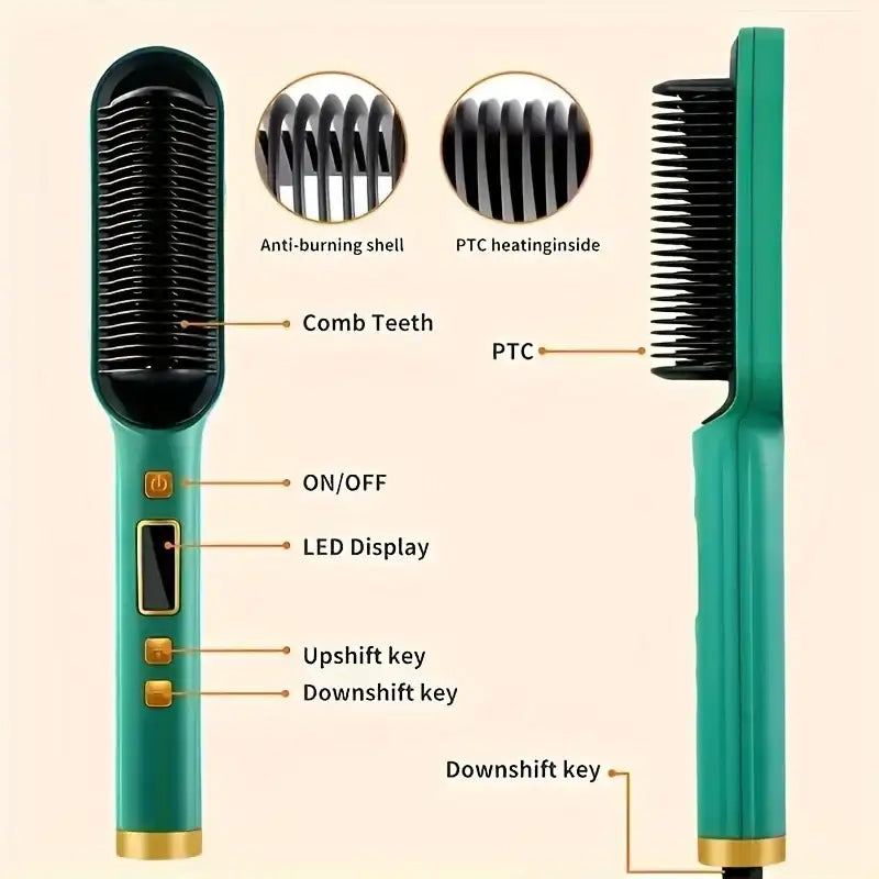 Teal hair straightening brush with labeled parts on a beige background
