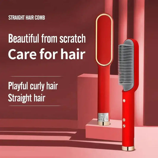 Red hair styling tool with text on a red background