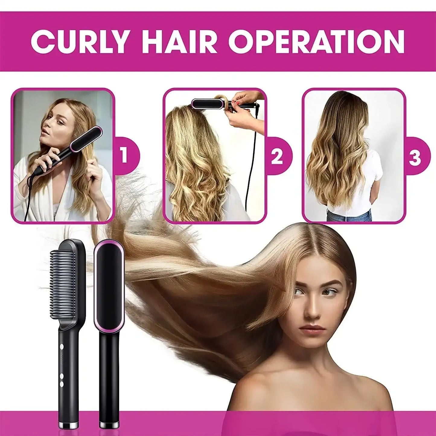 Hair styling product with step-by-step guide on how to achieve curly hair.