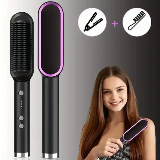 Black and pink hair styling tool with a woman using it on a gray background