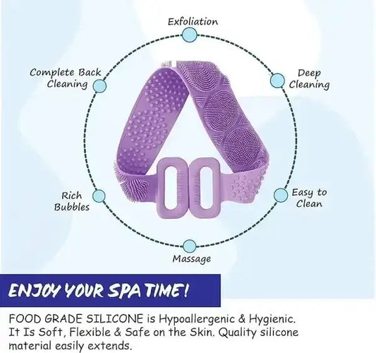 Purple silicone back scrubber with text describing its features on a light blue background